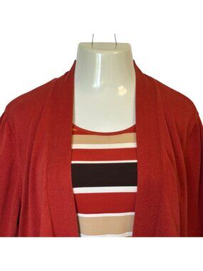 Alfred Dunner Womens 1X Two-In-One Sweater Cardigan & Striped Tank Rust Beige